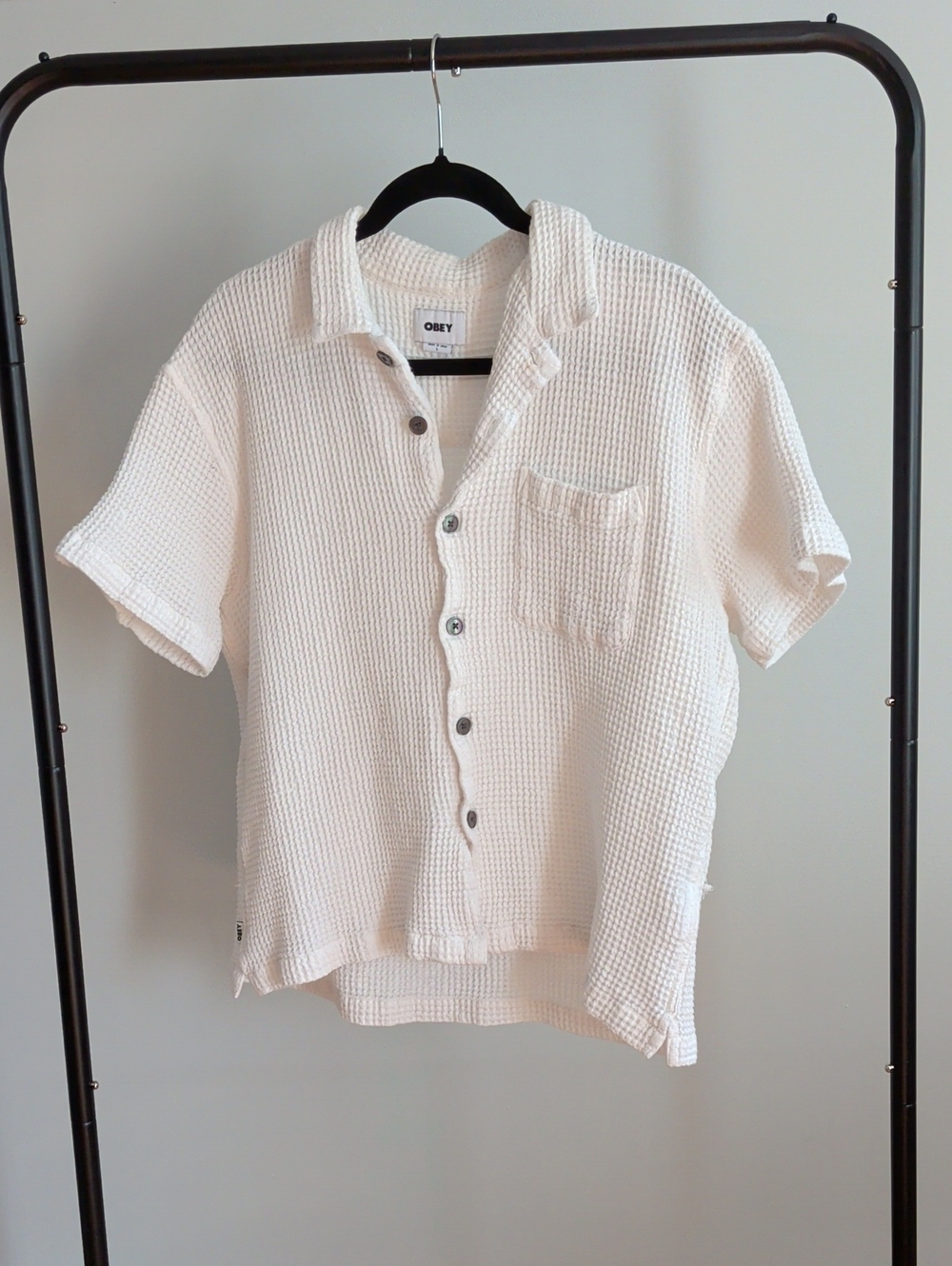 Obey Men's Short-Sleeve Waffle Button-Down Shirt in Off-White